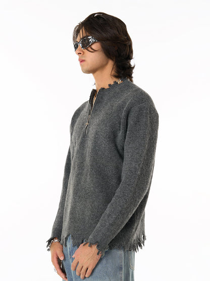 Distressed Quarter Zip Sweater 