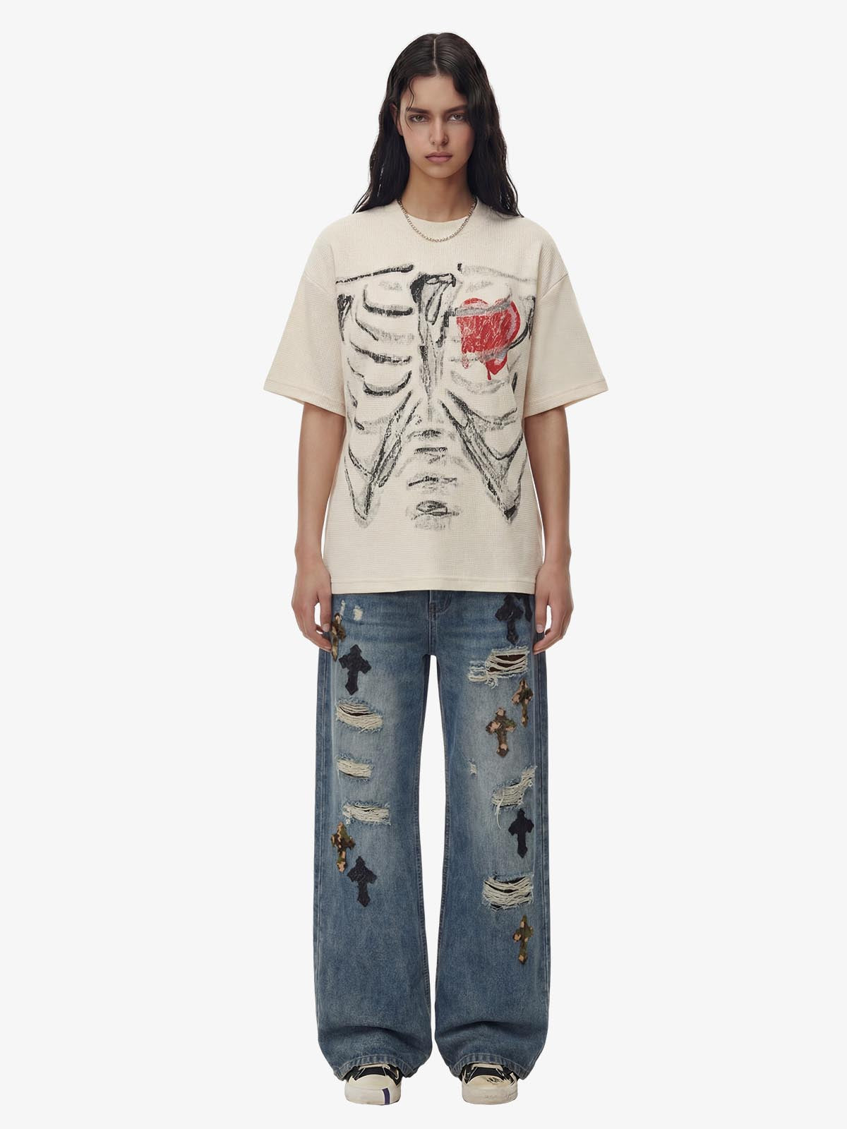 Skeleton & Melted Heart Graphic Waffle Knit T-Shirt