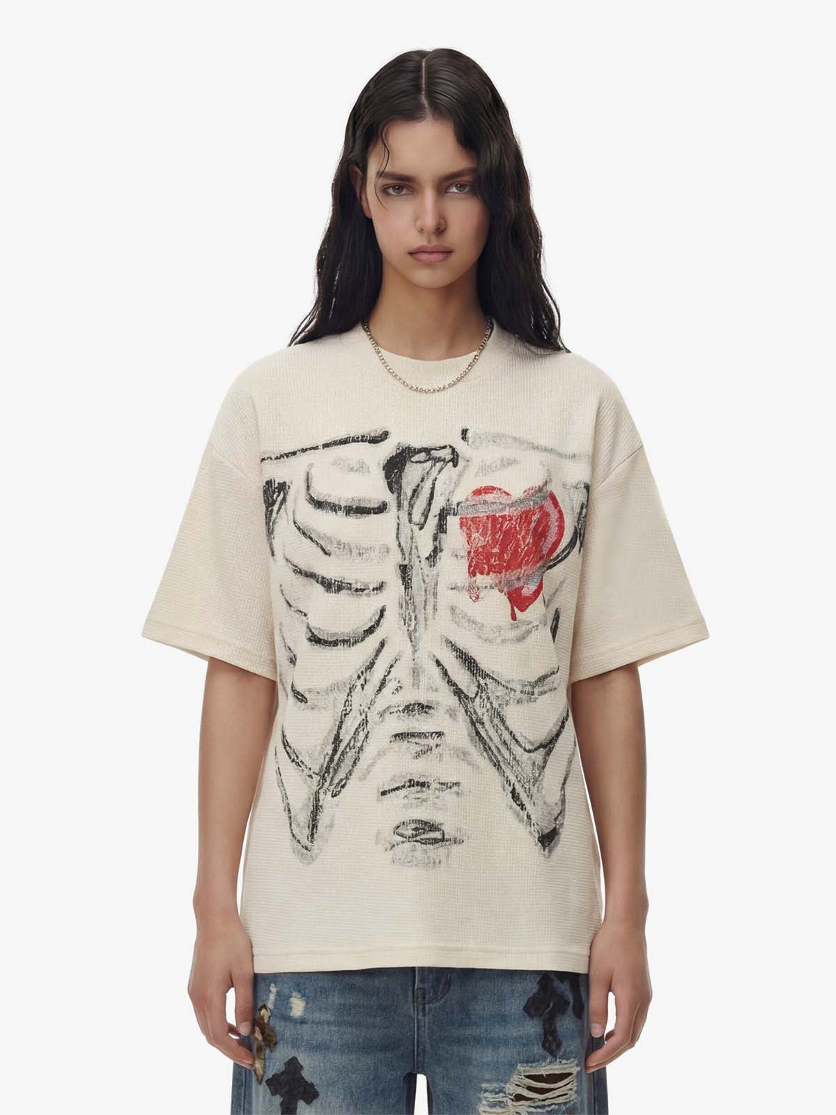Skeleton & Melted Heart Graphic Waffle Knit T-Shirt