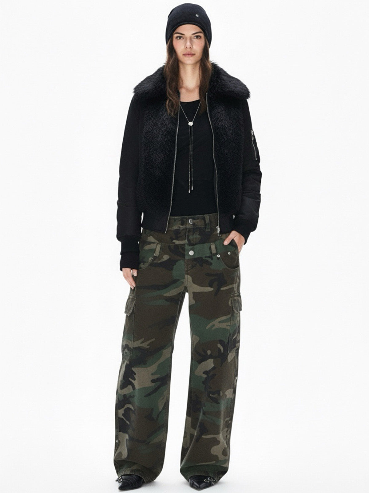 Retro Faux Fur Panel Quilted Zip-Up Bomber Jacket