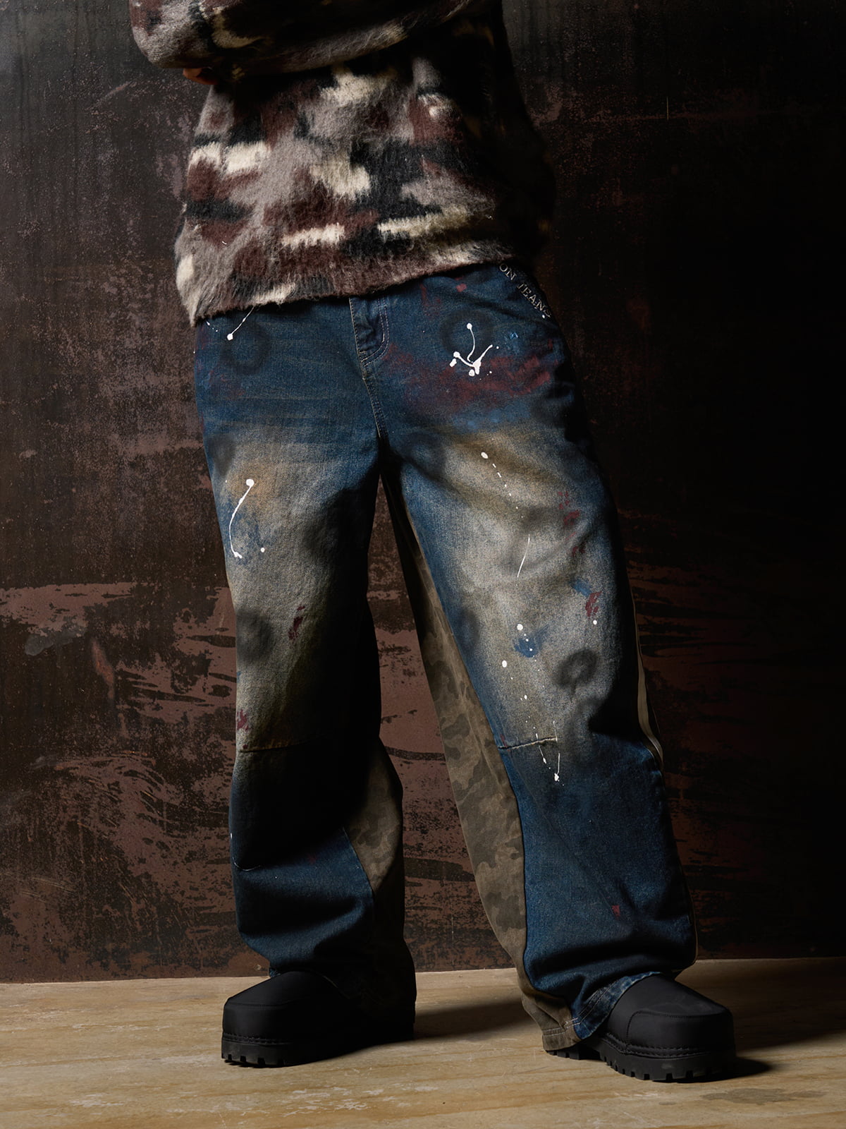 Washed Stripe Patchwork Totem Print Baggy Jeans 