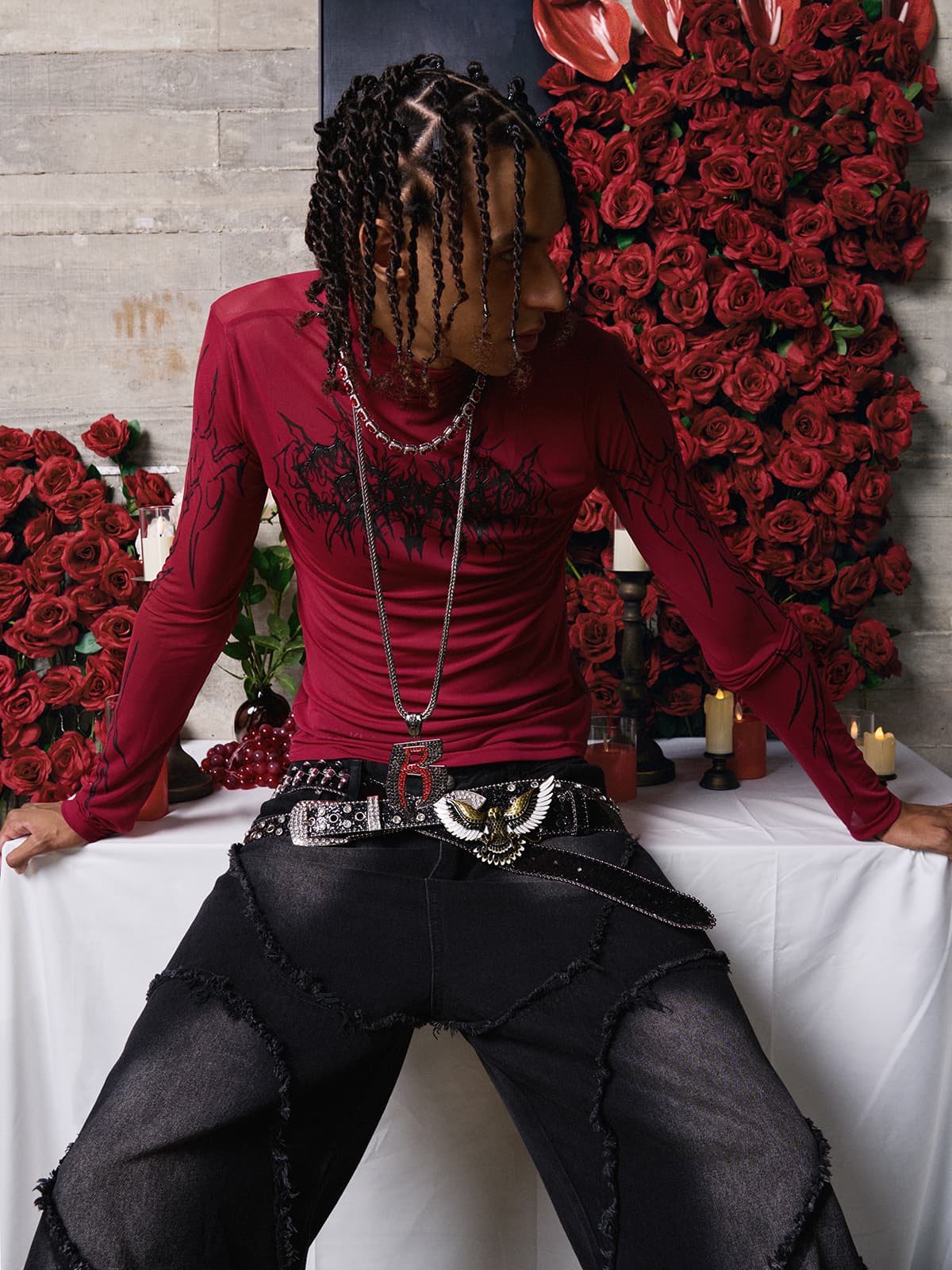 Dark Style Printed Slim Mesh Long Sleeves T-Shirt 