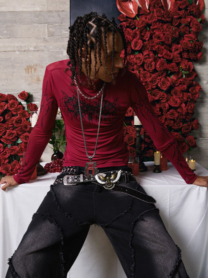 Dark Style Printed Slim Mesh Long Sleeves T-Shirt 