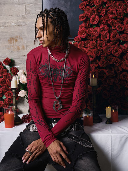 Dark Style Printed Slim Mesh Long Sleeves T-Shirt 