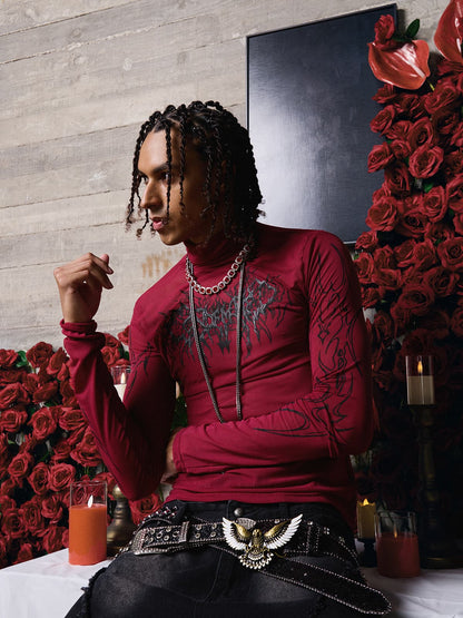 Dark Style Printed Slim Mesh Long Sleeves T-Shirt 