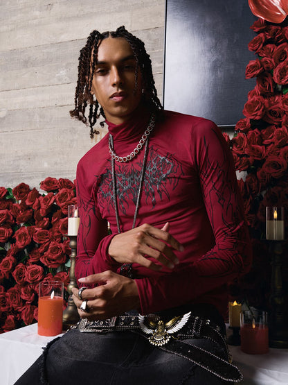 Dark Style Printed Slim Mesh Long Sleeves T-Shirt 