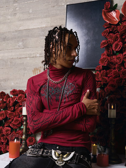 Dark Style Printed Slim Mesh Long Sleeves T-Shirt 