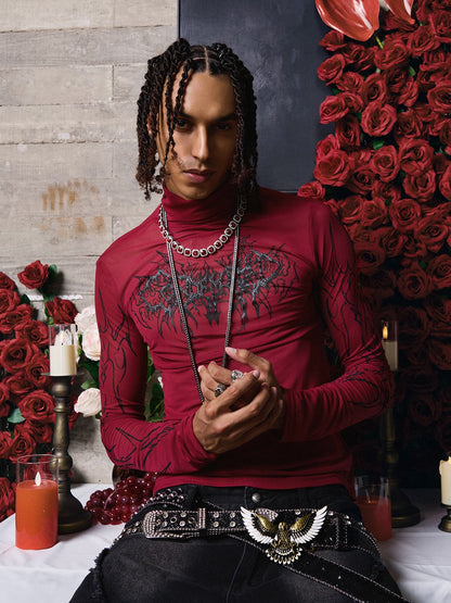 Dark Style Printed Slim Mesh Long Sleeves T-Shirt 