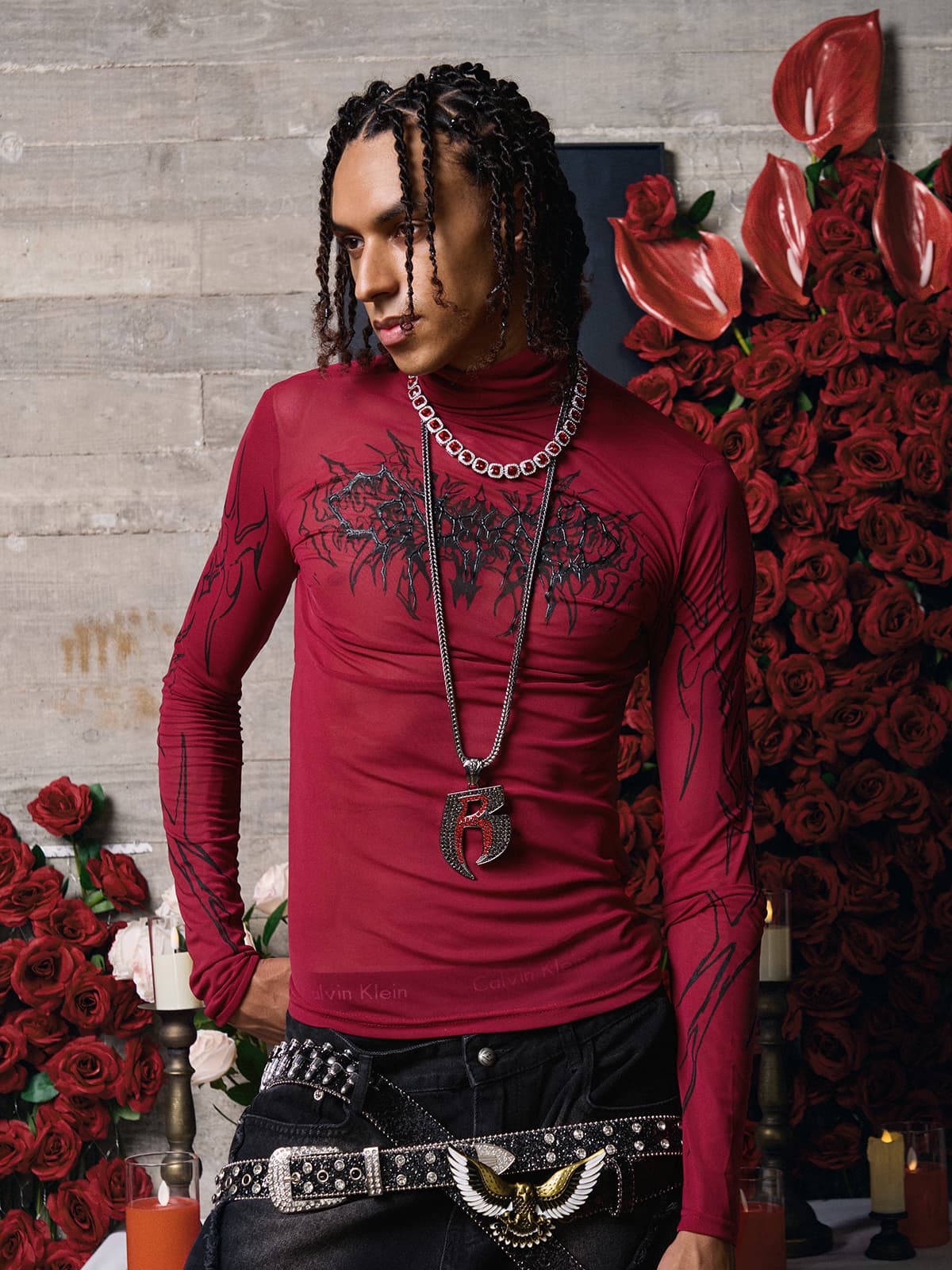 Dark Style Printed Slim Mesh Long Sleeves T-Shirt 