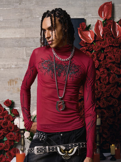 Dark Style Printed Slim Mesh Long Sleeves T-Shirt 