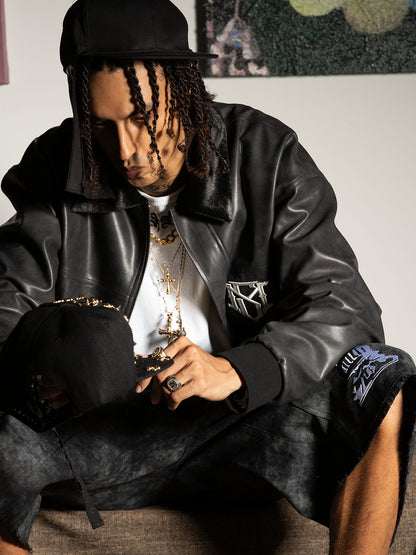 SUPM Fur Collar Rhinestone Pattern Leather Jacket 