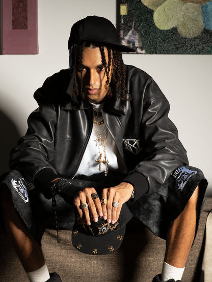 SUPM Fur Collar Rhinestone Pattern Leather Jacket 