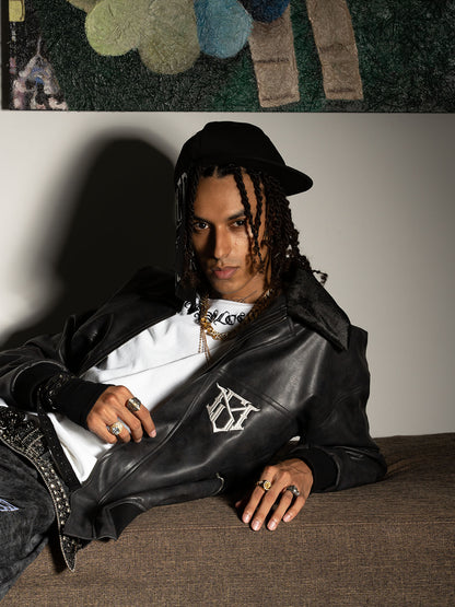 SUPM Fur Collar Rhinestone Pattern Leather Jacket 