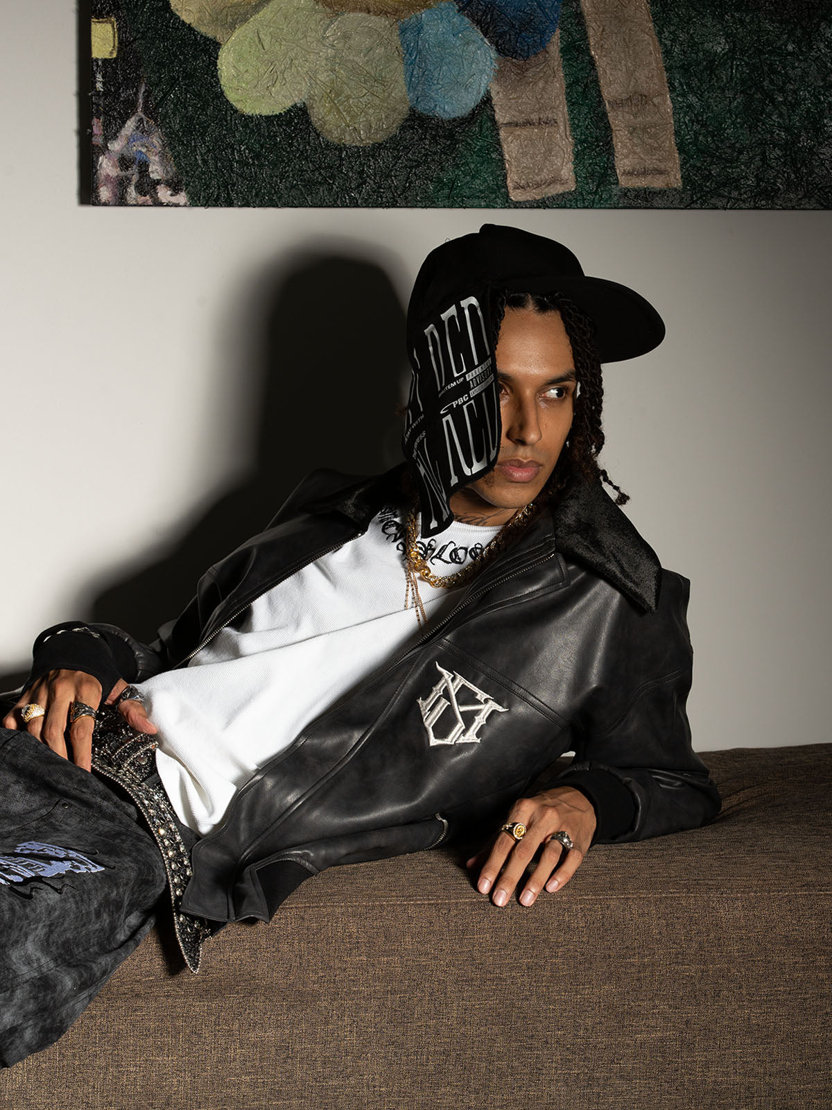 SUPM Fur Collar Rhinestone Pattern Leather Jacket 