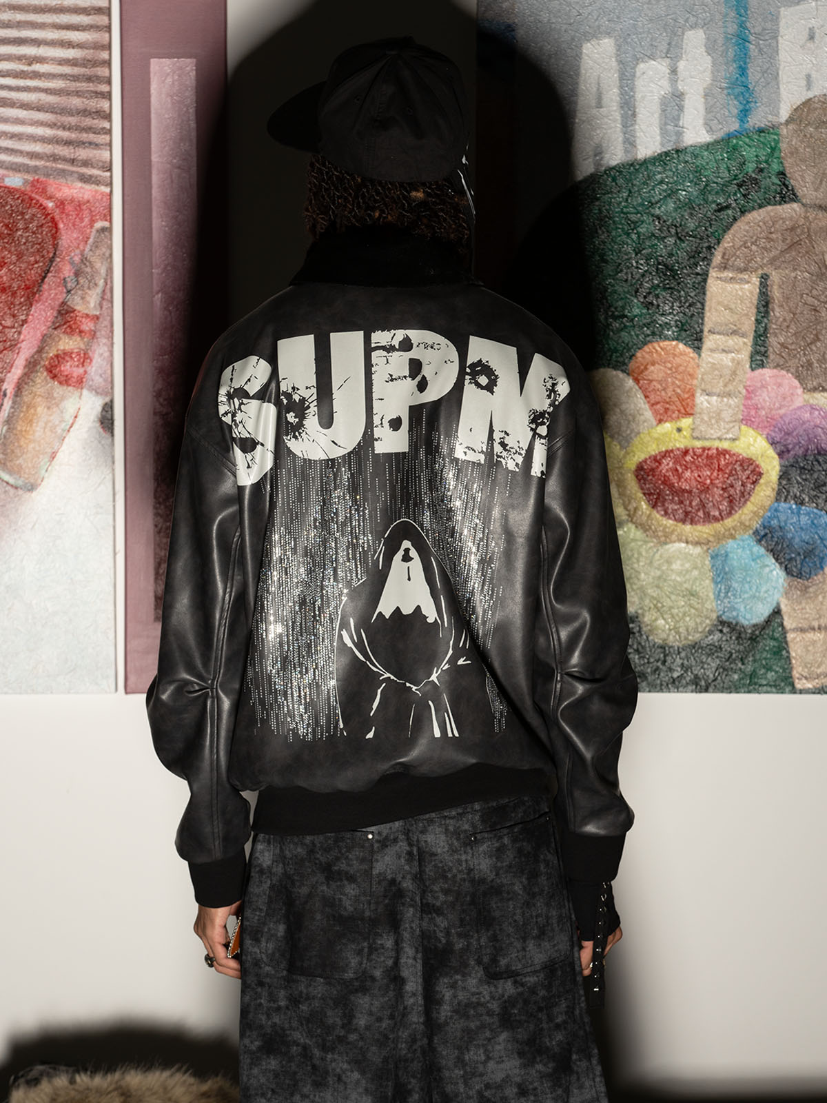 SUPM Fur Collar Rhinestone Pattern Leather Jacket 