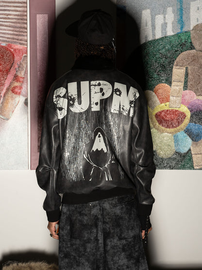 SUPM Fur Collar Rhinestone Pattern Leather Jacket 