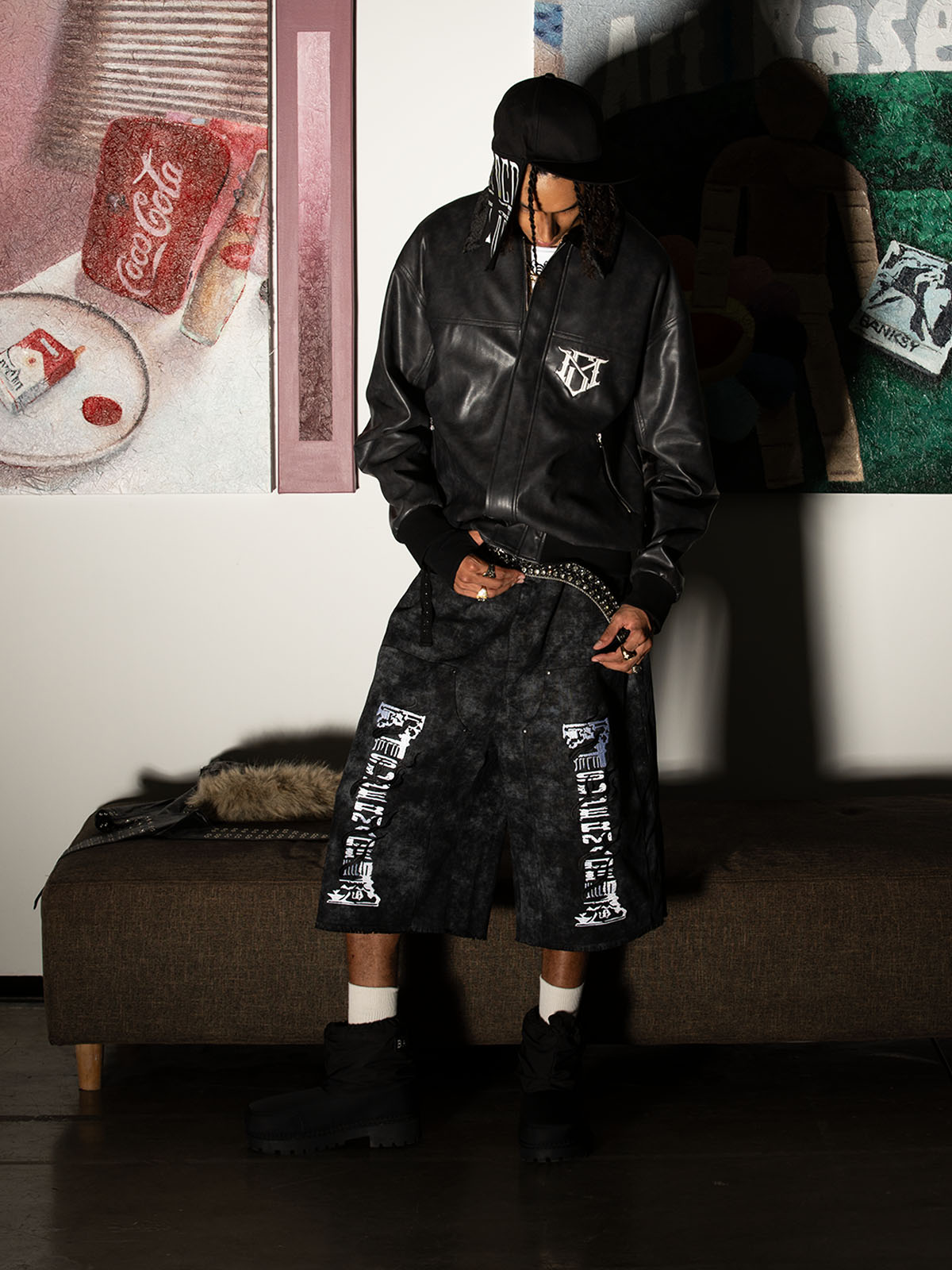 SUPM Fur Collar Rhinestone Pattern Leather Jacket 