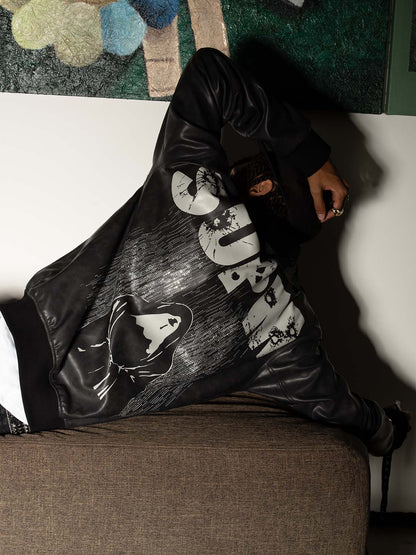 SUPM Fur Collar Rhinestone Pattern Leather Jacket 