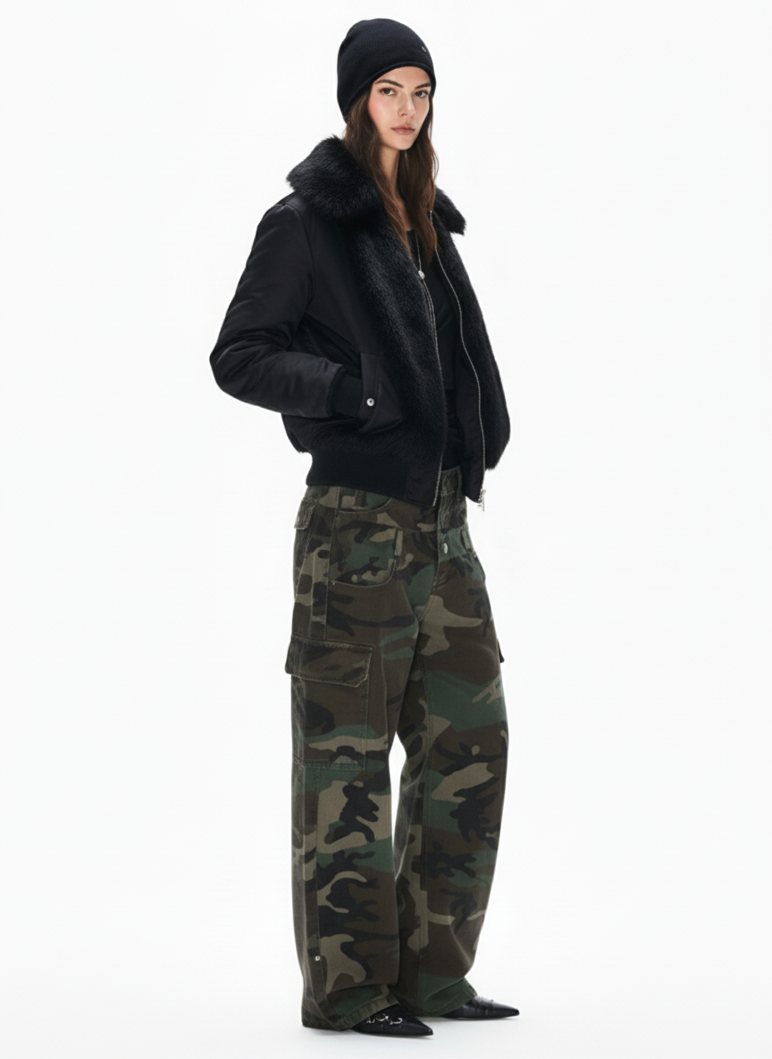 Retro Faux Fur Panel Quilted Zip-Up Bomber Jacket