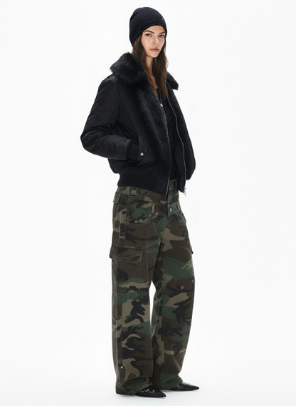 Retro Faux Fur Panel Quilted Zip-Up Bomber Jacket