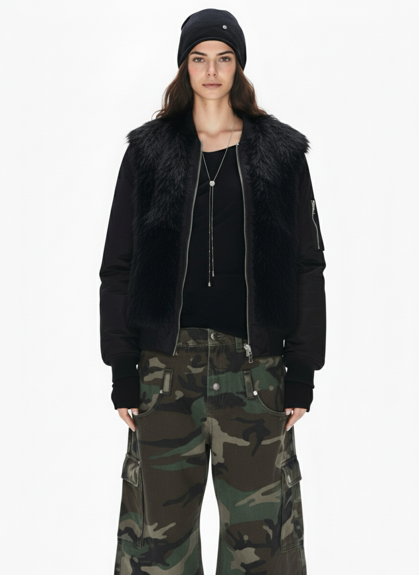 Retro Faux Fur Panel Quilted Zip-Up Bomber Jacket