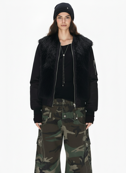 Retro Faux Fur Panel Quilted Zip-Up Bomber Jacket