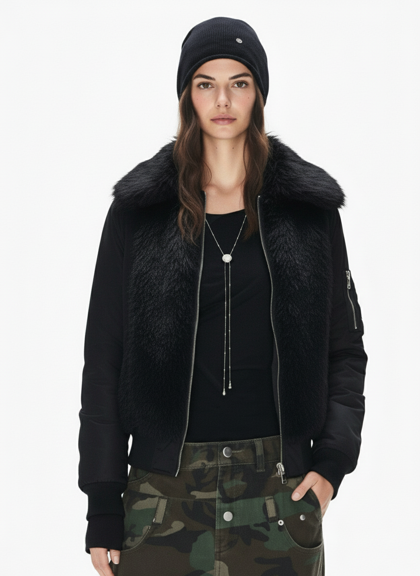 Retro Faux Fur Panel Quilted Zip-Up Bomber Jacket