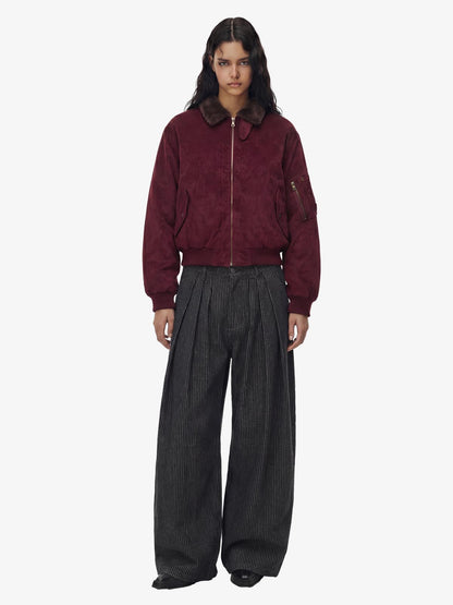 Vintage Pinstripe Pleated Wide-Leg Barrel Pants