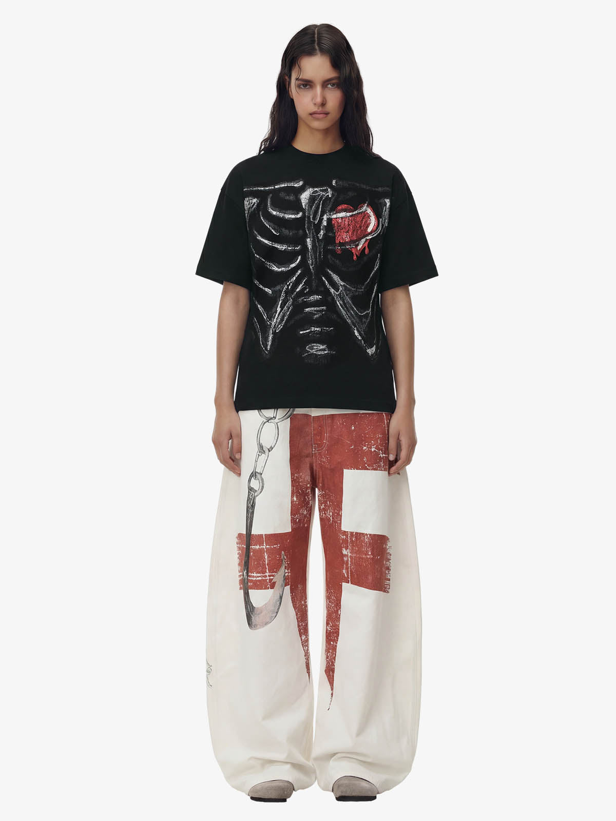 Skeleton & Melted Heart Graphic Waffle Knit T-Shirt