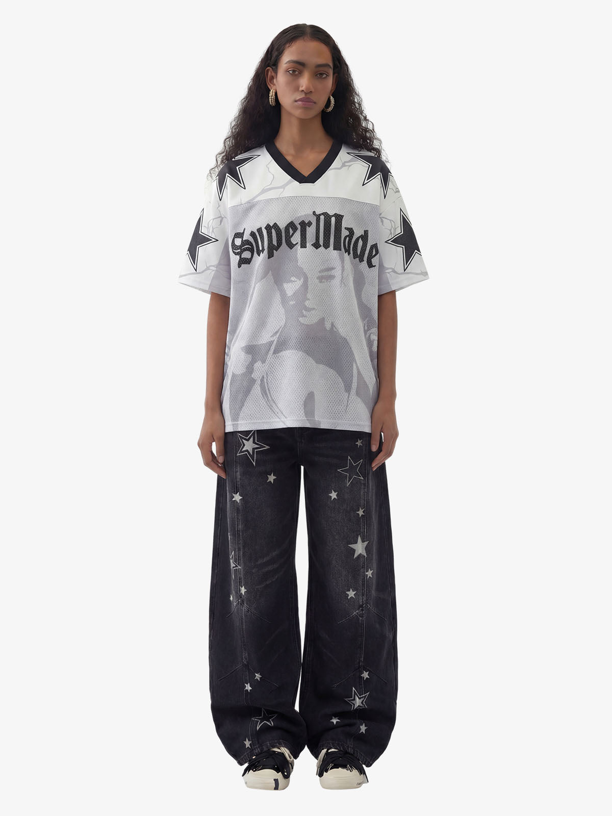Portrait Graphic Star Print 99 Gothic Font Mesh Jersey T-Shirt