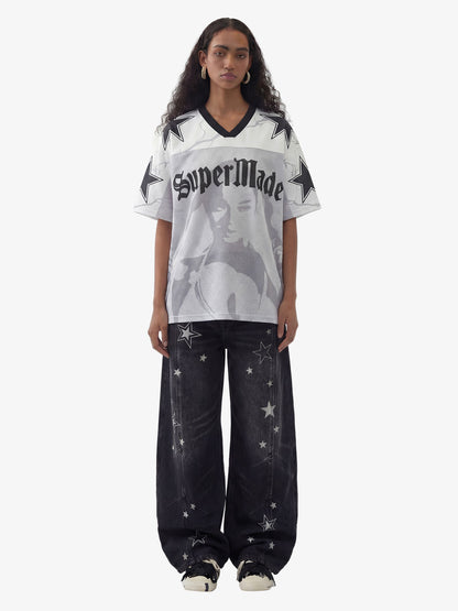Portrait Graphic Star Print 99 Gothic Font Mesh Jersey T-Shirt