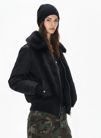 Retro Faux Fur Panel Quilted Zip-Up Bomber Jacket