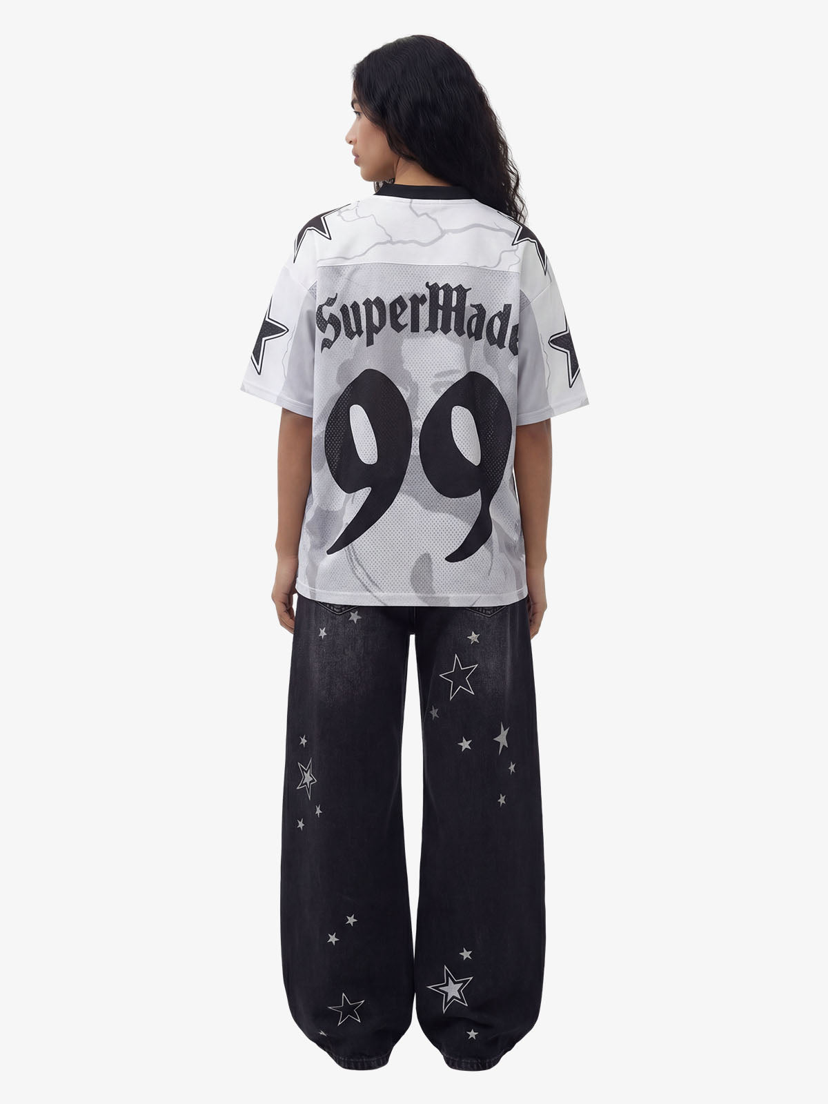 Portrait Graphic Star Print 99 Gothic Font Mesh Jersey T-Shirt