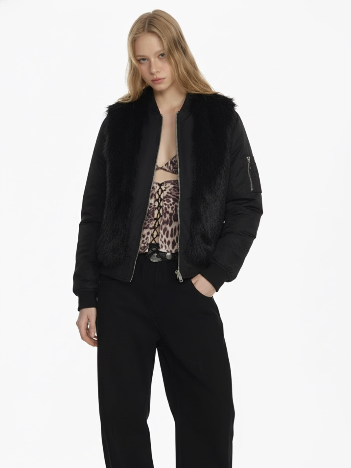 Retro Faux Fur Panel Quilted Zip-Up Bomber Jacket
