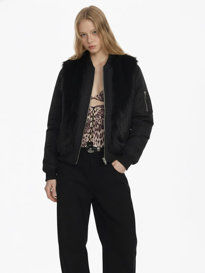 Retro Faux Fur Panel Quilted Zip-Up Bomber Jacket