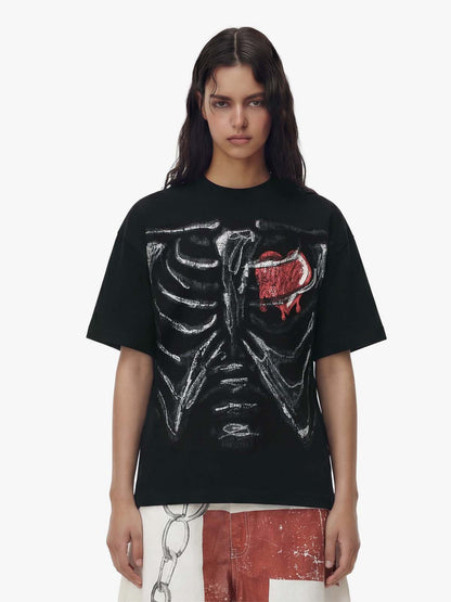 Skeleton & Melted Heart Graphic Waffle Knit T-Shirt