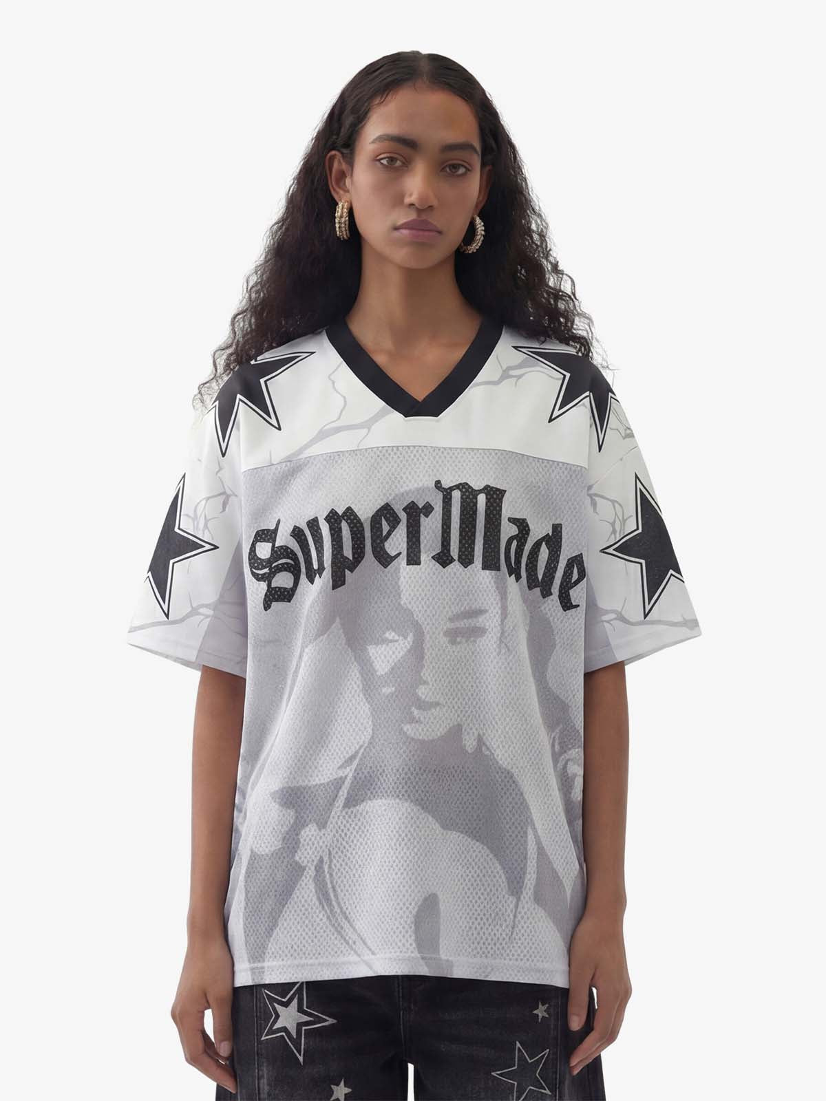 Portrait Graphic Star Print 99 Gothic Font Mesh Jersey T-Shirt