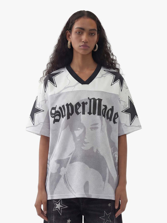 Portrait Graphic Star Print 99 Gothic Font Mesh Jersey T-Shirt