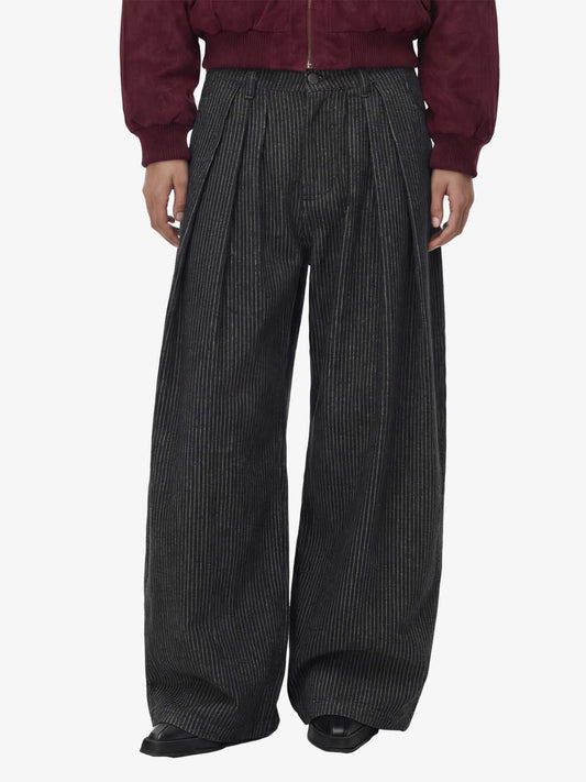 Vintage Pinstripe Pleated Wide-Leg Barrel Pants