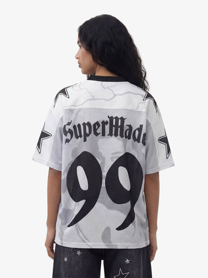 Portrait Graphic Star Print 99 Gothic Font Mesh Jersey T-Shirt