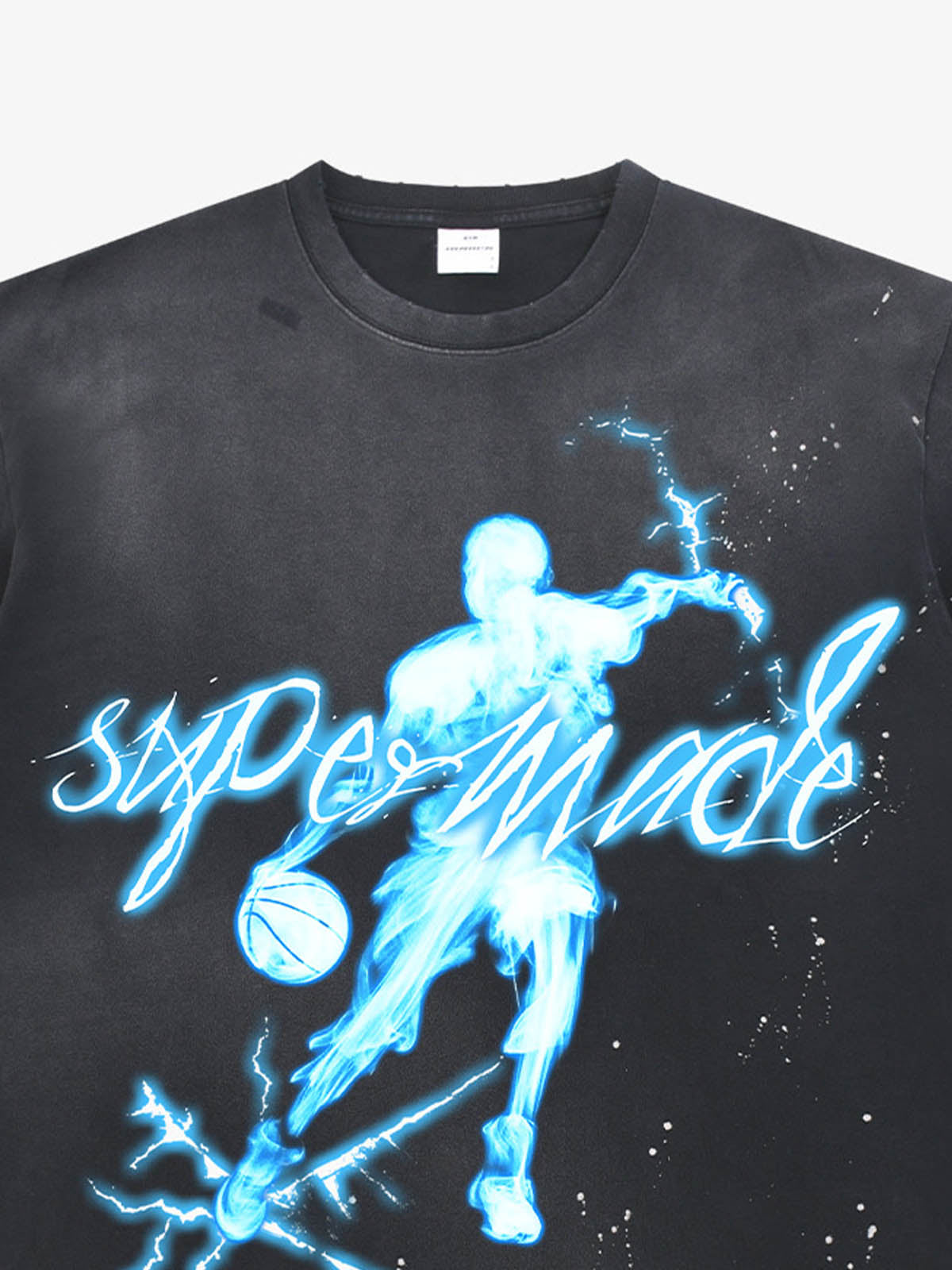thesupermade "Energy Burst" Basketball Player Cyber Aesthetic Electric Print T-Shirt – Vintage Washed Oversized Basketball Streetwear T-Shirt 