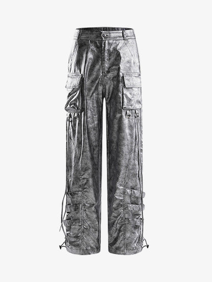 Retro Silver Loose Metallic Straight Pants 