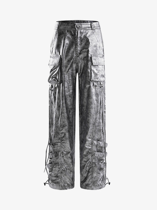 Retro Silver Loose Metallic Straight Pants 