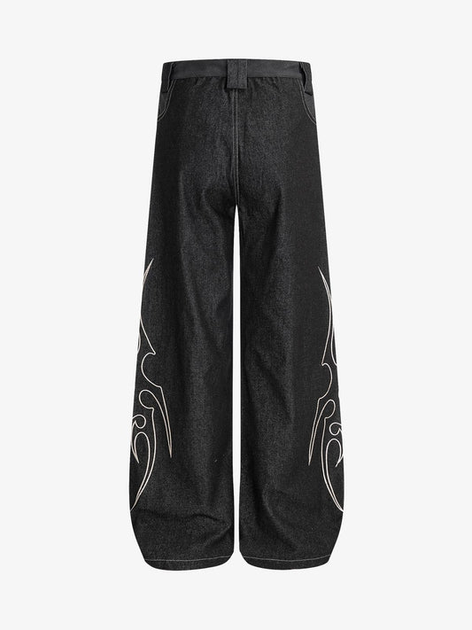 Denim Wide-Leg Pants with Flame Stitch Design High-Waisted Relaxed Fit 