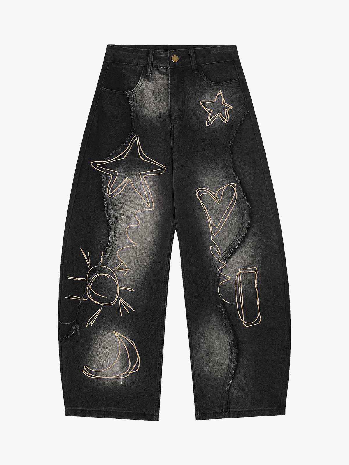 Distressed Denim Jeans with Embroidered Celestial Motifs for Women 