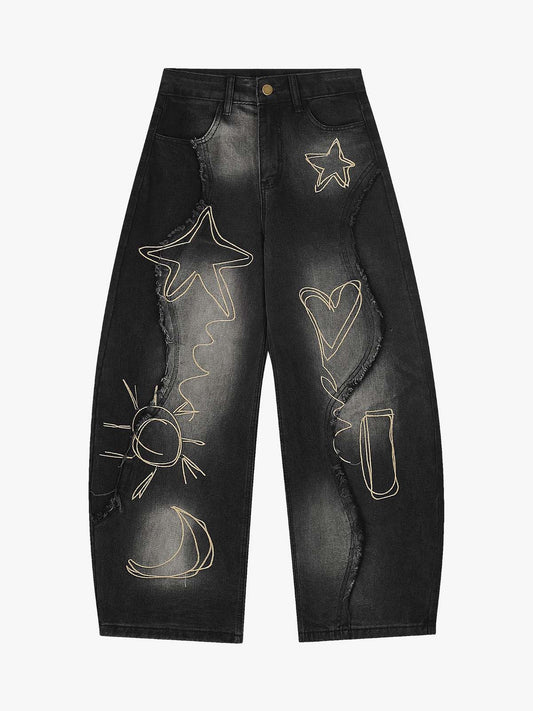 Distressed Denim Jeans with Embroidered Celestial Motifs for Women 