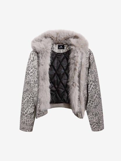 Vintage Leopard Fleece Faux Fur Collar Panel Trim Padded Jacket 