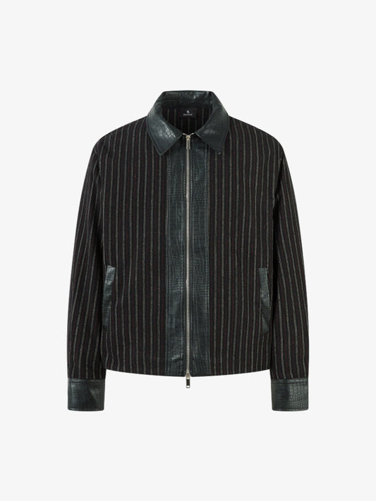 Thesupermade Retro Vertical Stripes Stitching PU Leather Collar Jacket 