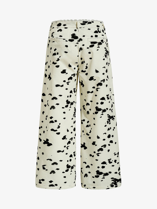 Cotton Blend Cow Print Wide Leg Trousers with Lace Trim?