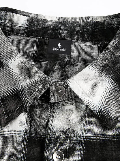 Washed Cotton Plaid Long Sleeve Shirt with Distressed Pattern and Chest Pocket 